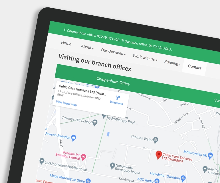 GoogleMap page. Celtic Care has branches in Swindon and Chippenham, Wiltshire