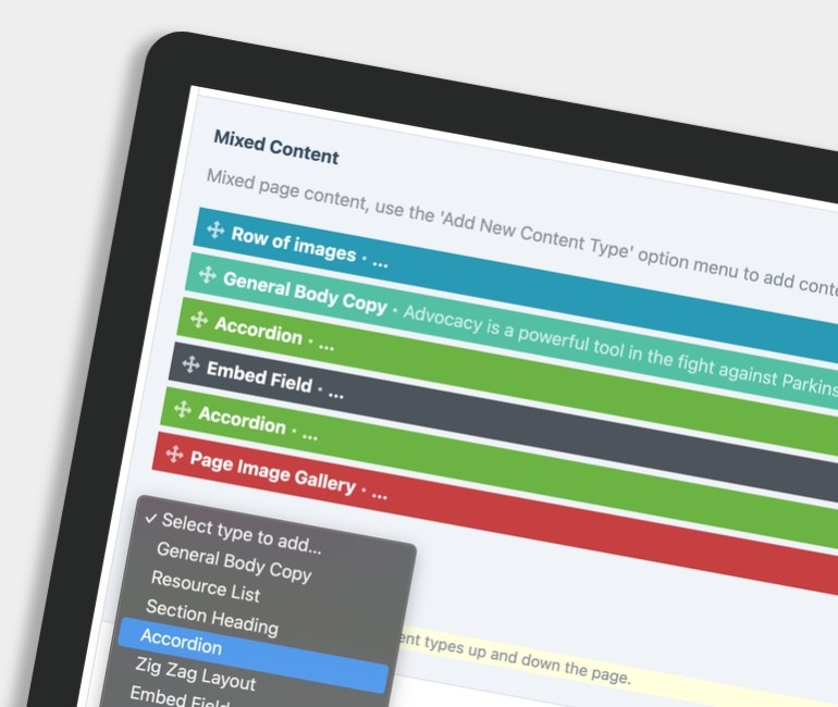 Tablet screenshot detailing CMS repeater fields.